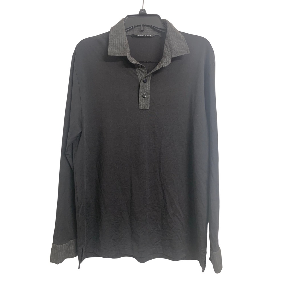 Travis‎ Mathews Long Sleeve Polo Shirt Black Pinstripe Trim Golf Shirt  Large